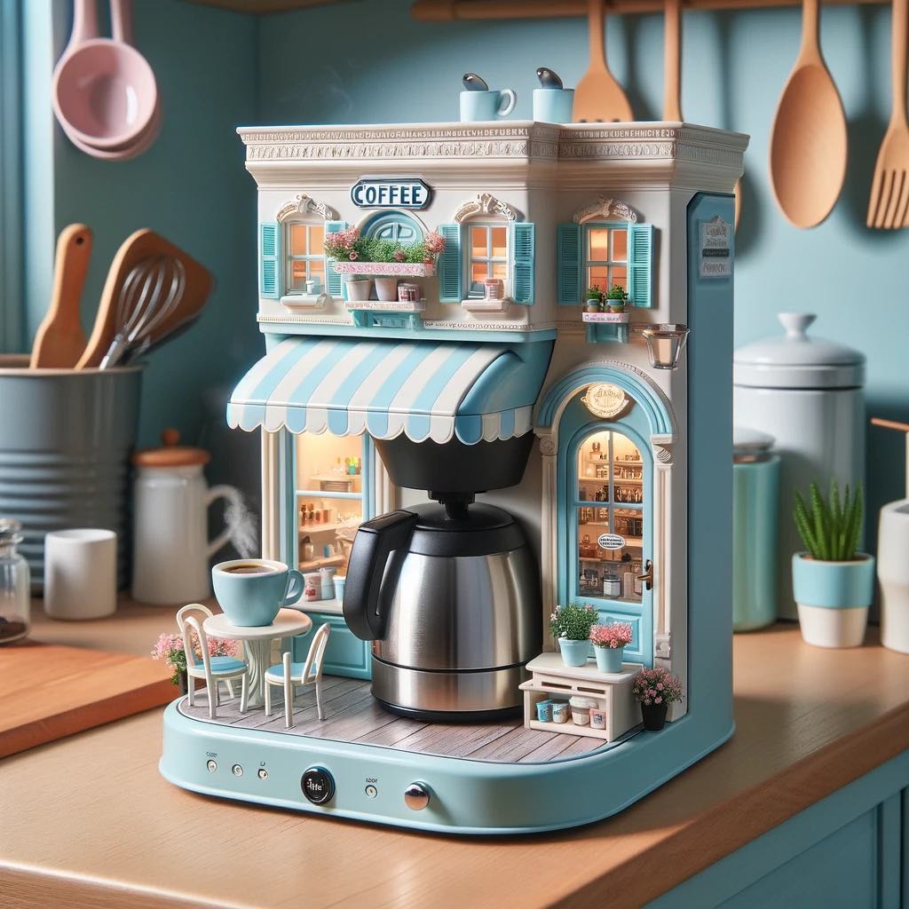 Pastel blue coffee maker designed like a café with striped awnings, tiny windows, and an outdoor seating area.