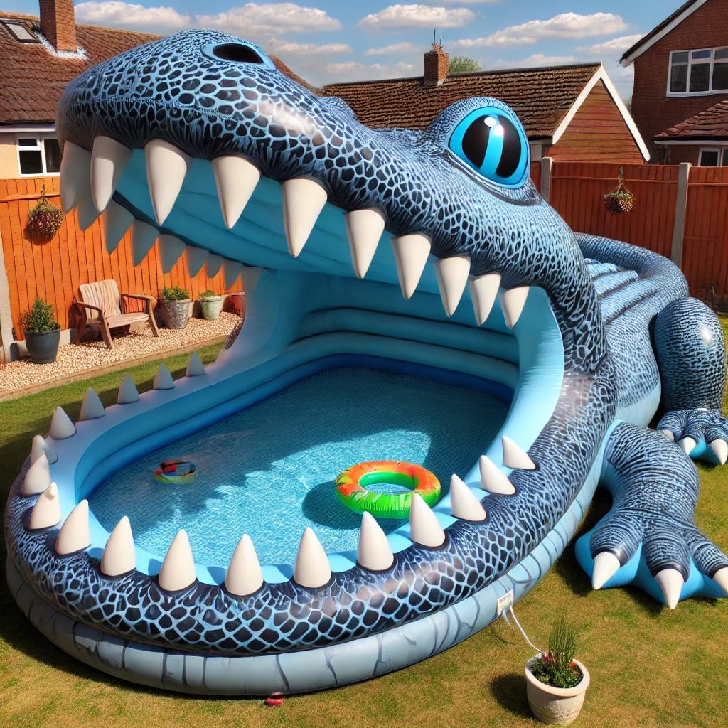 Bright blue crocodile-shaped pool with sharp teeth in a garden