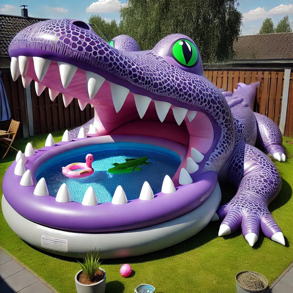 Playful purple crocodile-shaped pool with green eyes in a garden