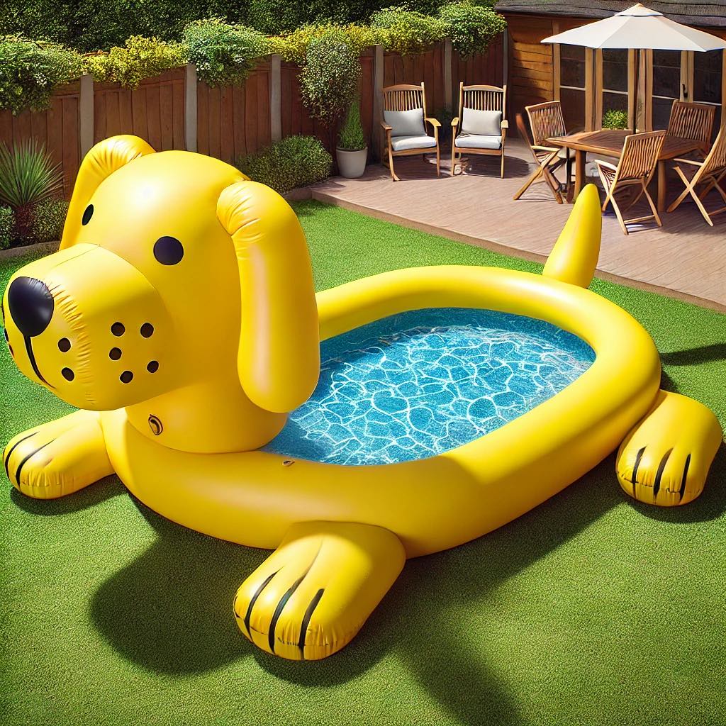 A bright yellow inflatable dog-shaped pool in a backyard, providing fun and entertainment for children and pets.