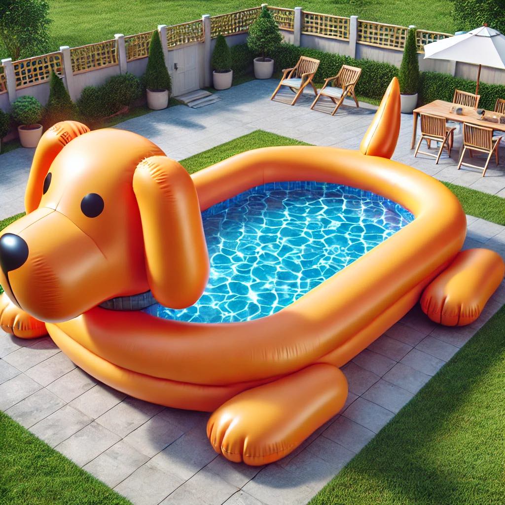 A vibrant orange inflatable dog-shaped pool set up in a garden, ideal for summer play.