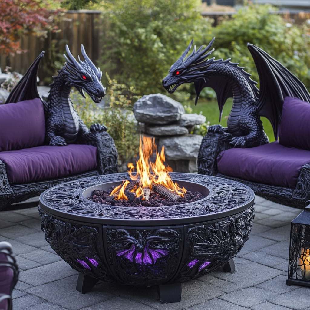 A majestic dragon-themed fire pit surrounded by ornate black chairs featuring dragon designs, complete with purple cushions.