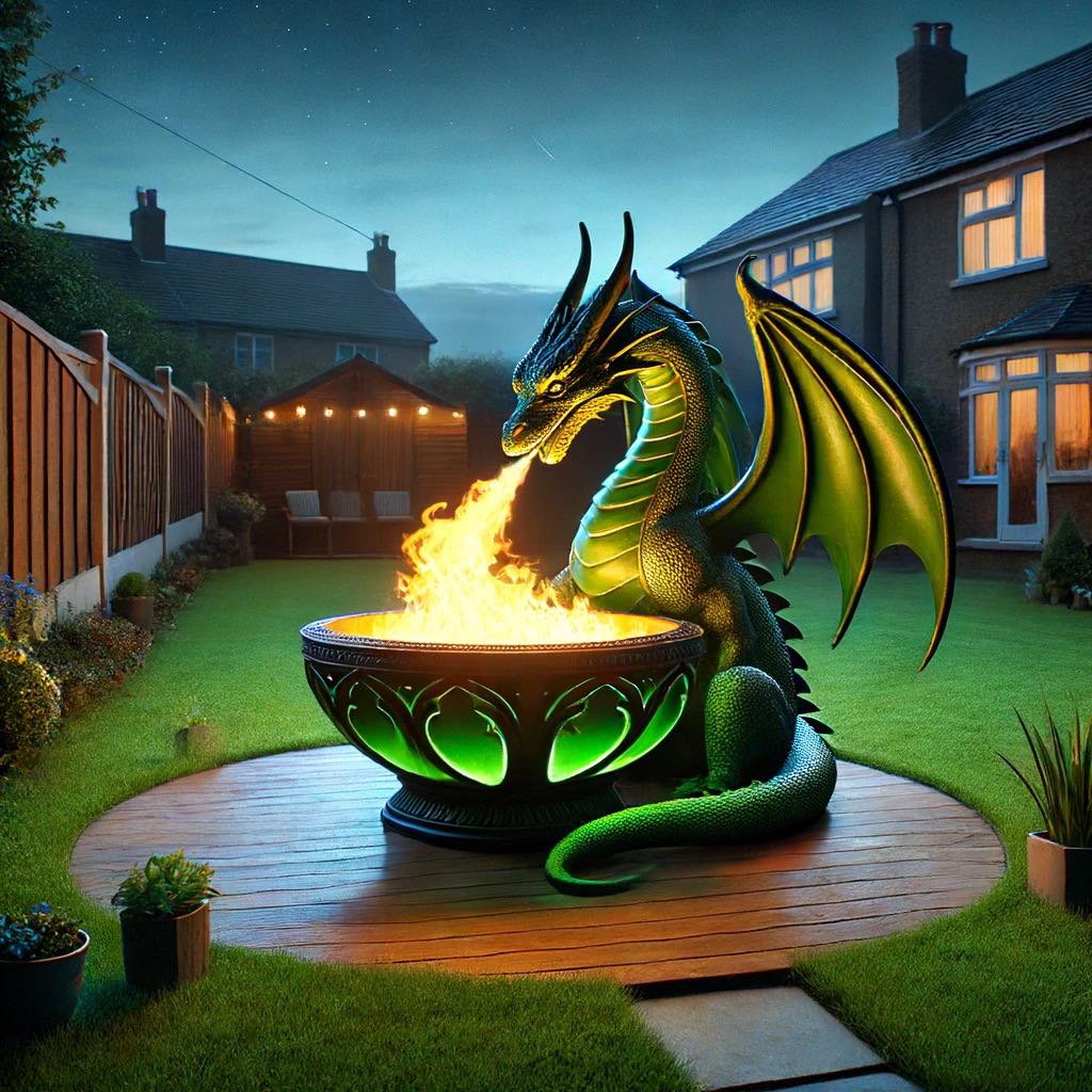 Green dragon fire pit illuminating a garden with its fiery breath.