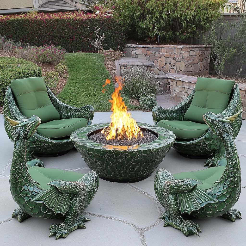 A vibrant green dragon-themed fire pit with matching chairs, creating a lively outdoor atmosphere.