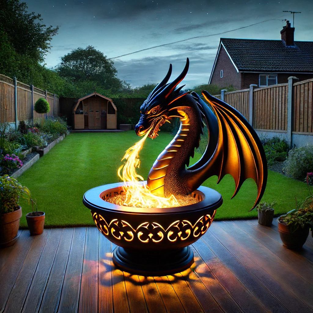  Black dragon fire pit glowing brightly in a garden at night.