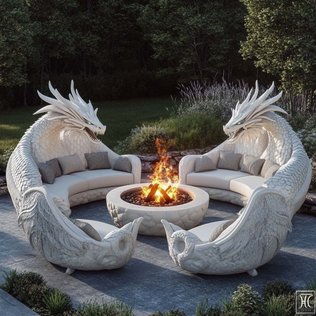 A luxurious white dragon seating arrangement with soft cushions and a fire pit in a serene garden setting.