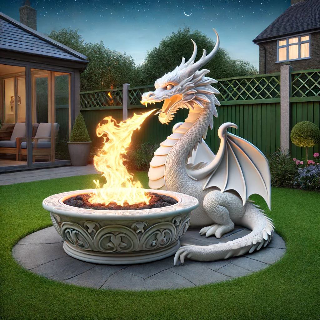 White dragon fire pit creating a peaceful atmosphere in a garden.