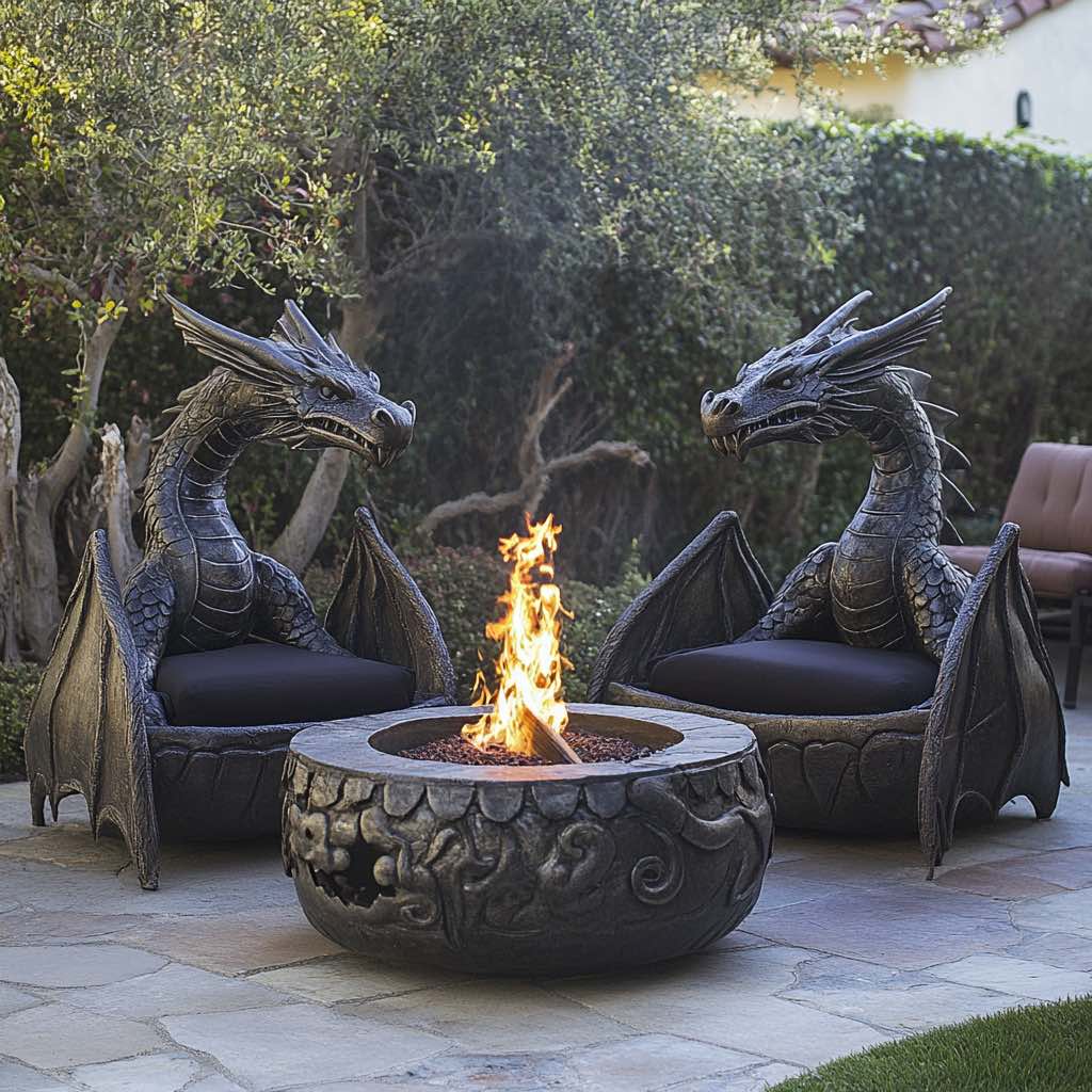 A dramatic dragon-themed outdoor seating set featuring intricate designs and a fire pit, perfect for evening gatherings.
