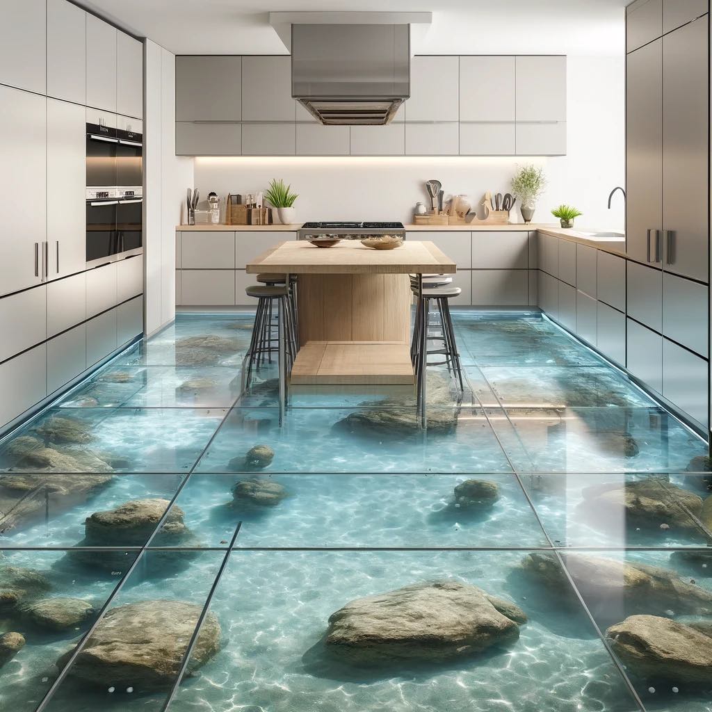 Modern Kitchen with Ocean-Inspired Floor and Rocks