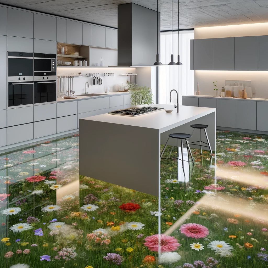 Kitchen with Floral-Inspired Floor Design with Colourful Flowers