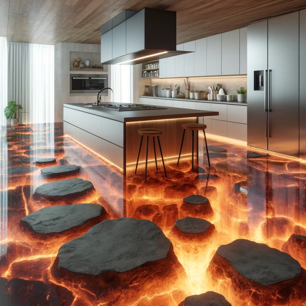 Kitchen with Volcanic-Inspired Floor Design with Lava and Rocks