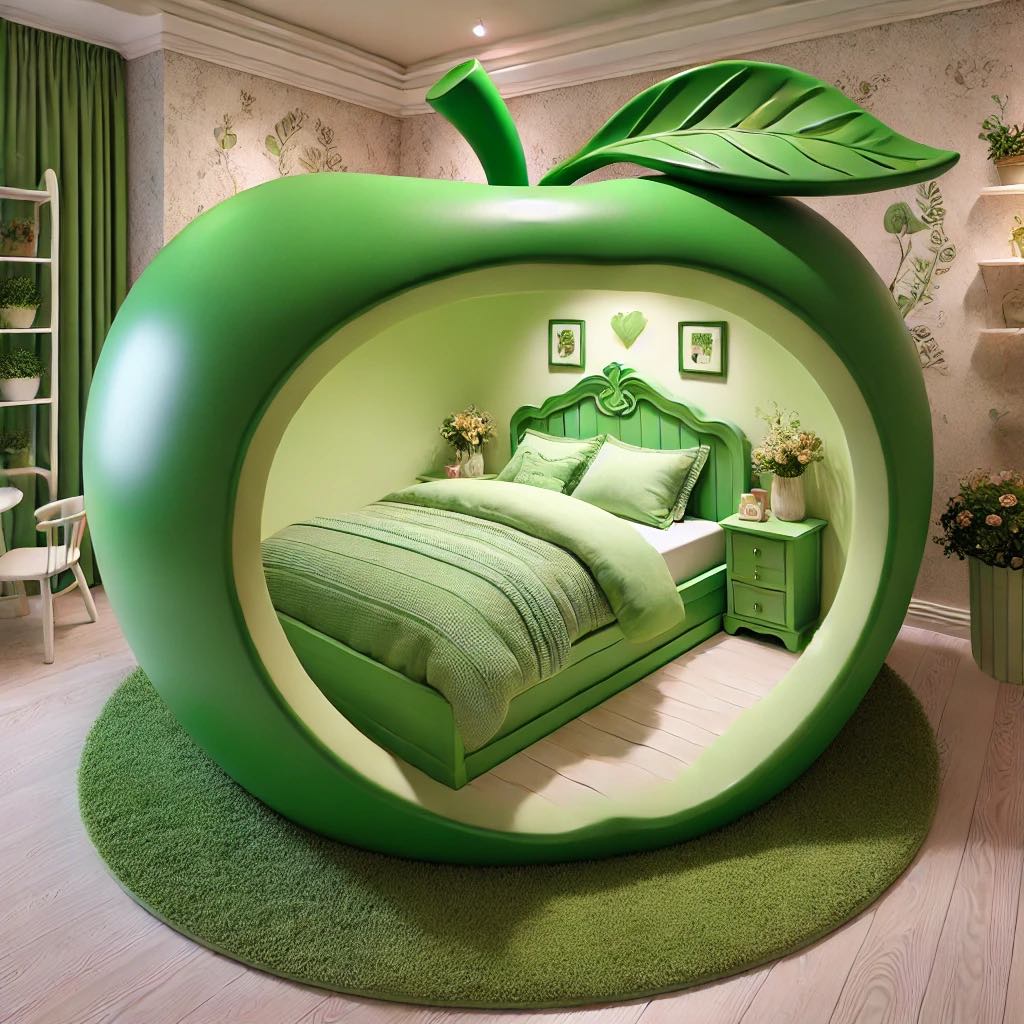 Green apple-shaped bed with matching green bedding and decor in a whimsical bedroom.