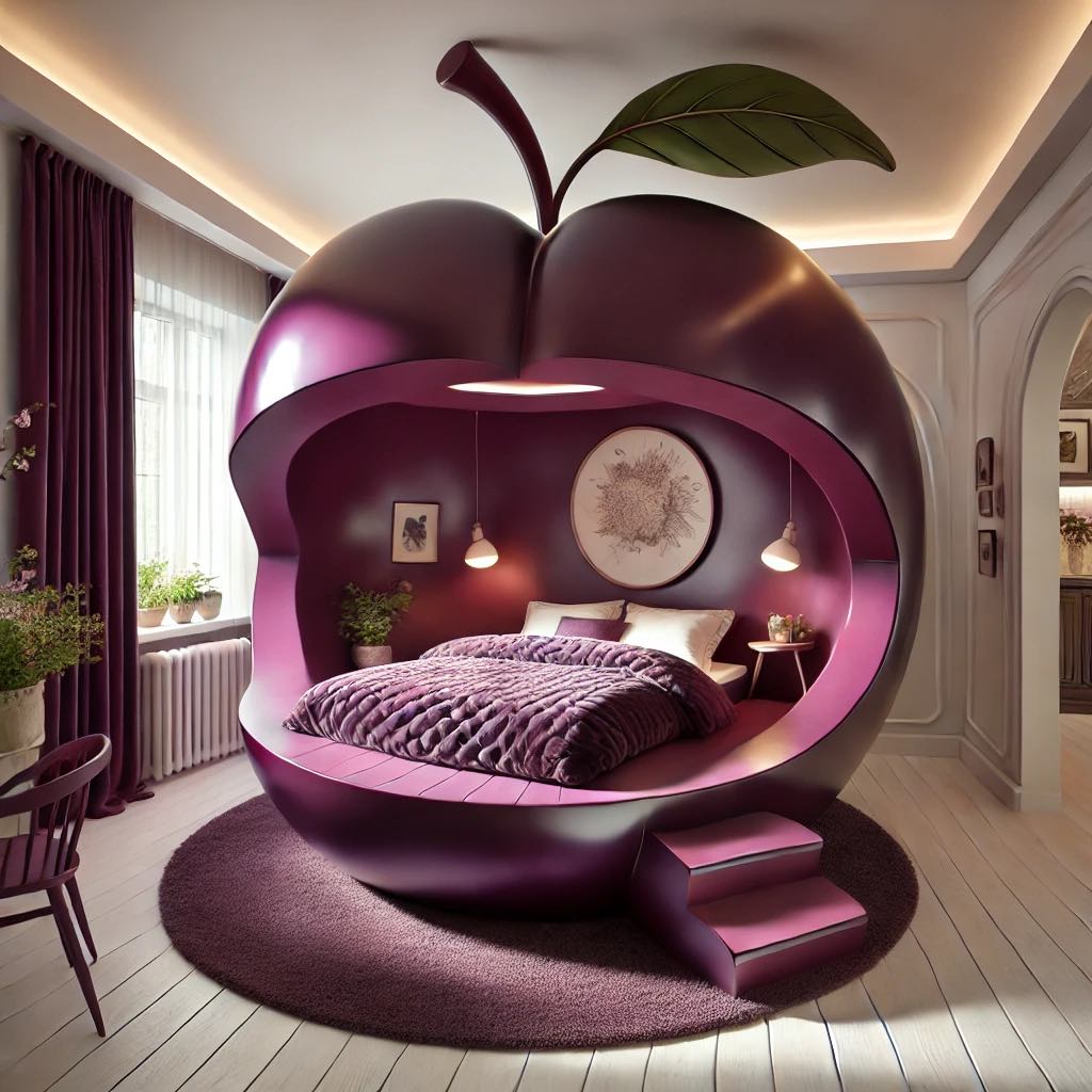 Red strawberry-shaped bed with pink bedding and floral accents in a charming bedroom.