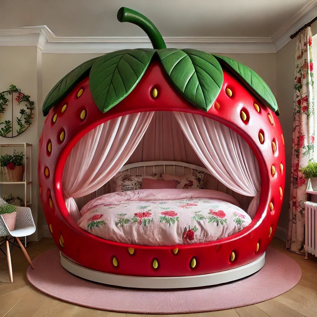 Red strawberry-shaped bed with pink bedding and floral accents in a charming bedroom.