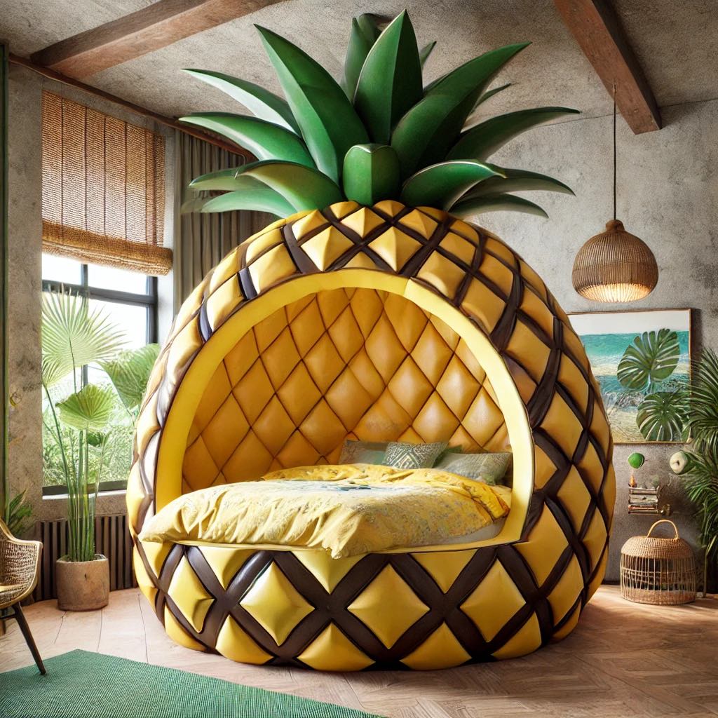 Yellow pineapple-shaped bed with tropical decor in a vibrant bedroom.