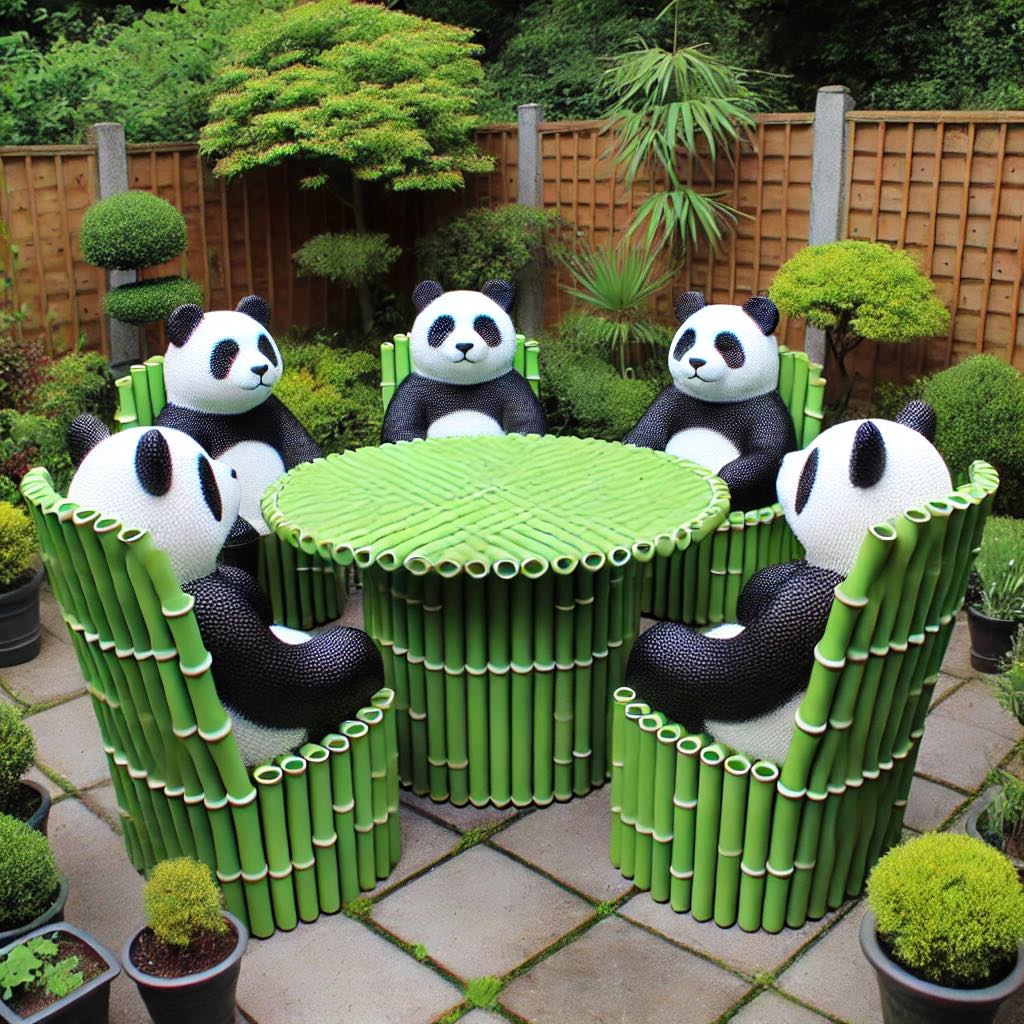 Garden furniture set with panda-shaped chairs and a bamboo-inspired table in a cosy garden setting.