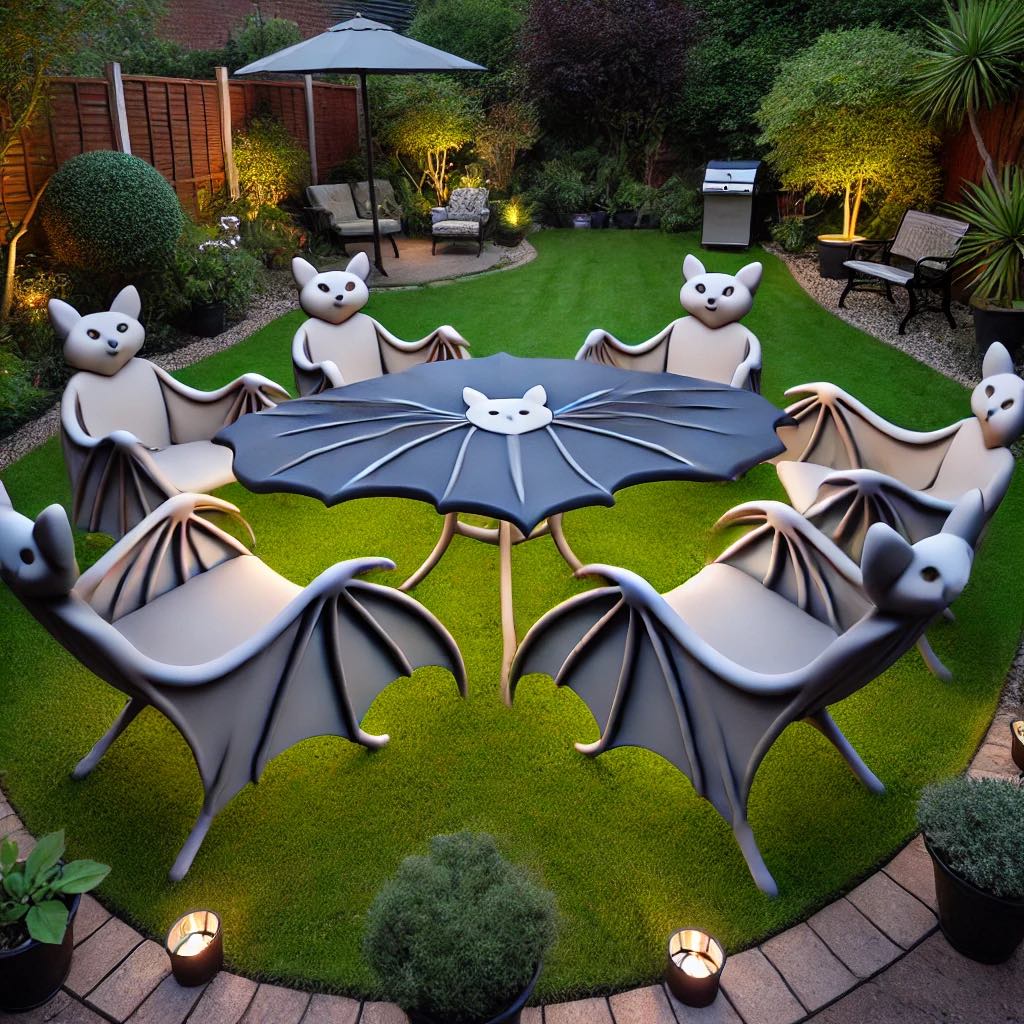 Garden furniture set with bat-shaped chairs and a bat-shaped table in a mystical garden setting.
