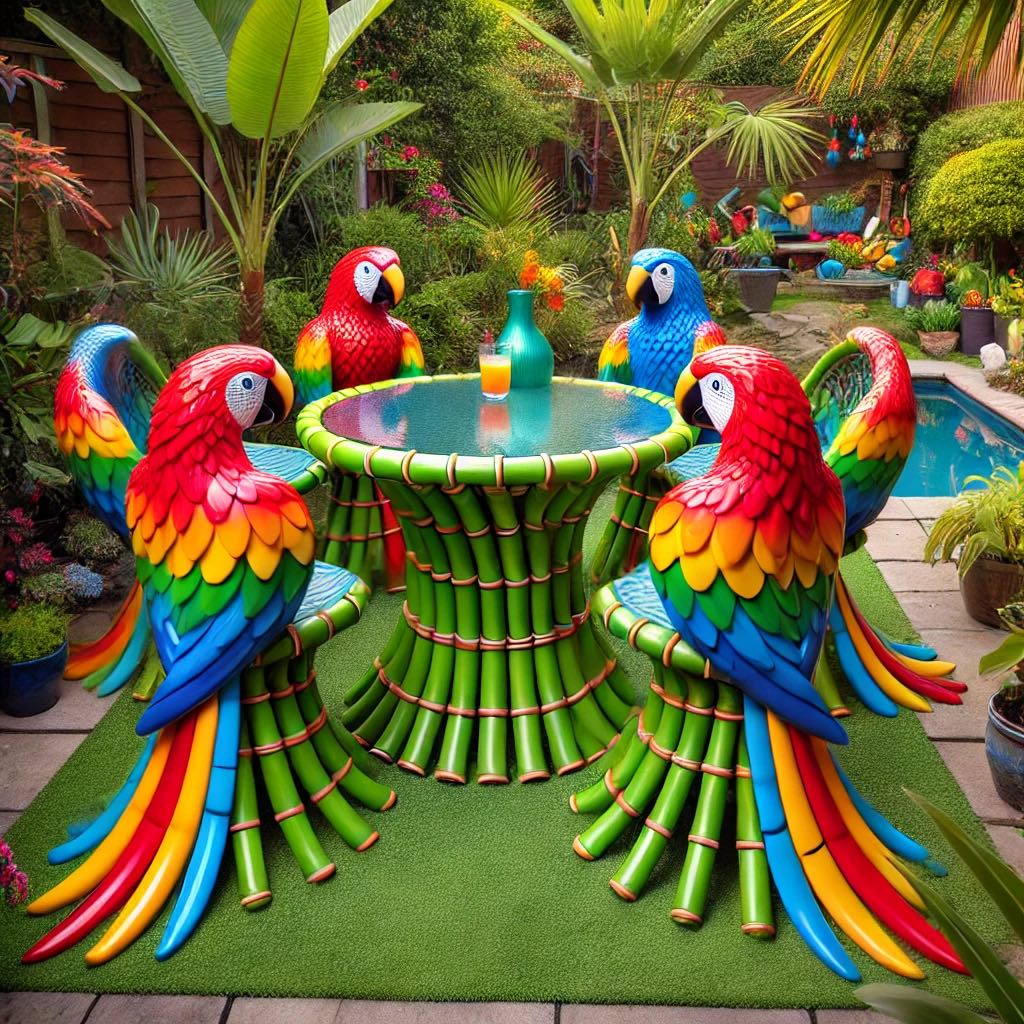 Garden furniture set with colourful parrot-shaped chairs and a bamboo-inspired table in a tropical garden.