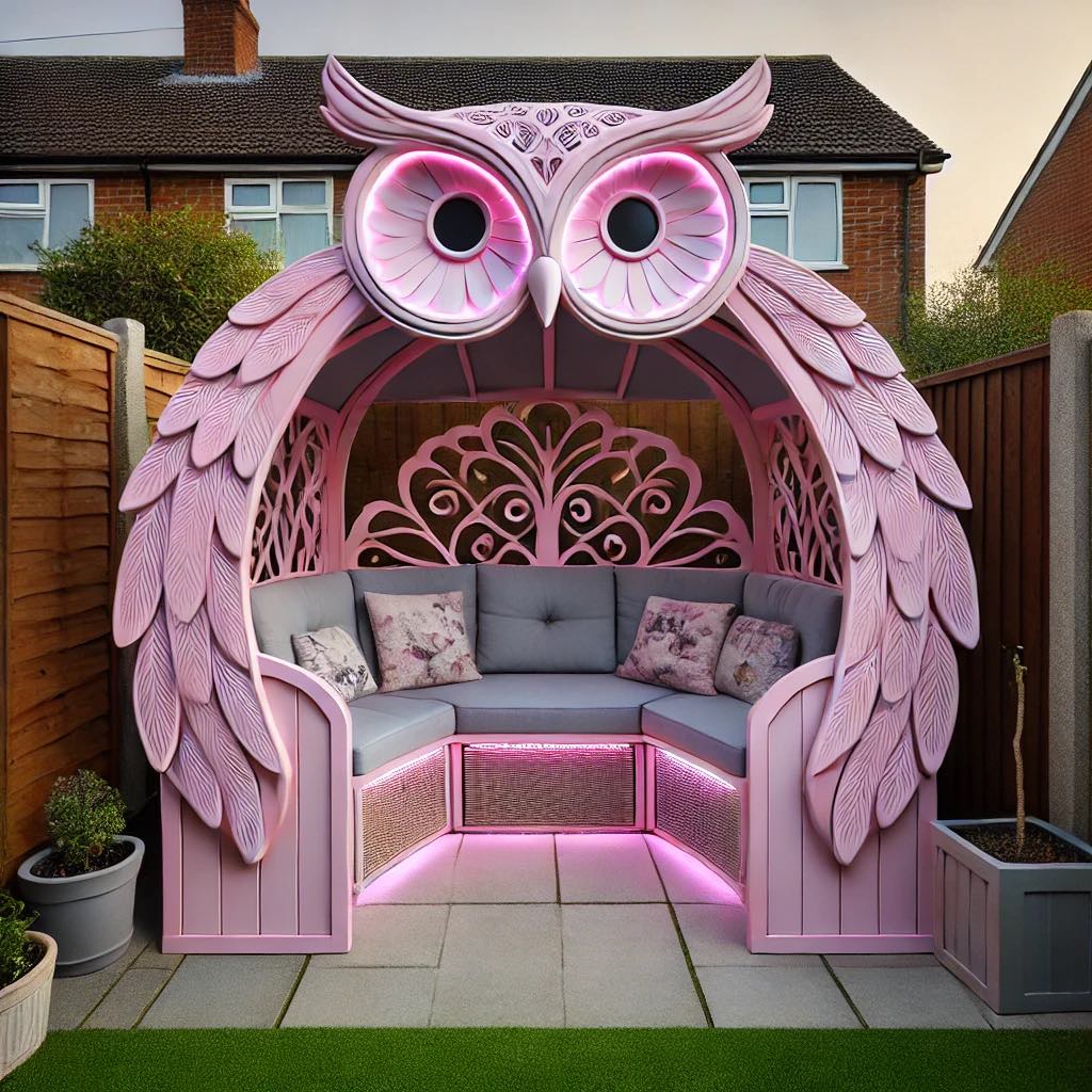 A pink owl-themed garden lounge with intricate feather details and illuminated eyes, creating a cosy outdoor retreat.