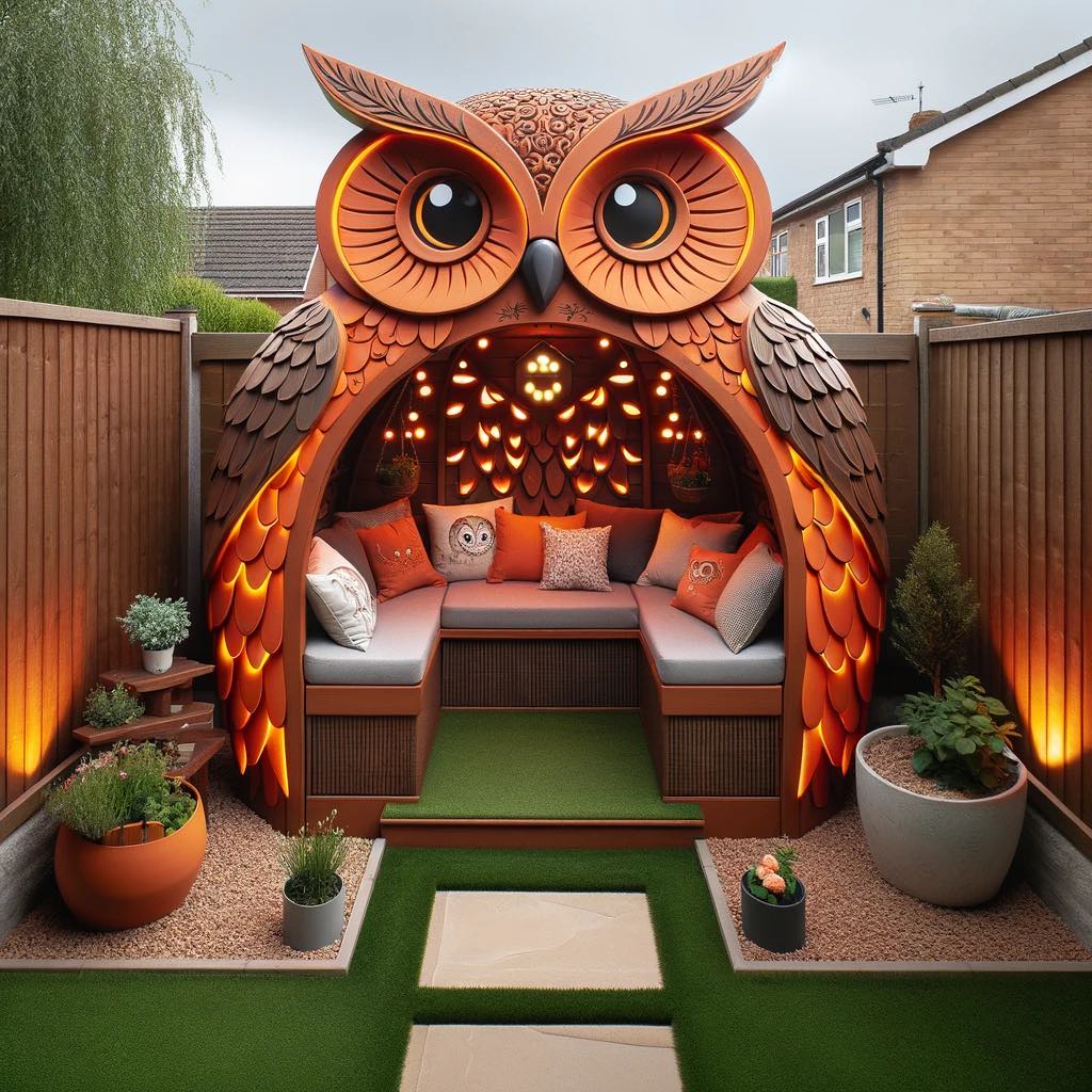 A vibrant orange owl-themed garden lounge with detailed feather designs and glowing features, perfect for socialising and relaxing.