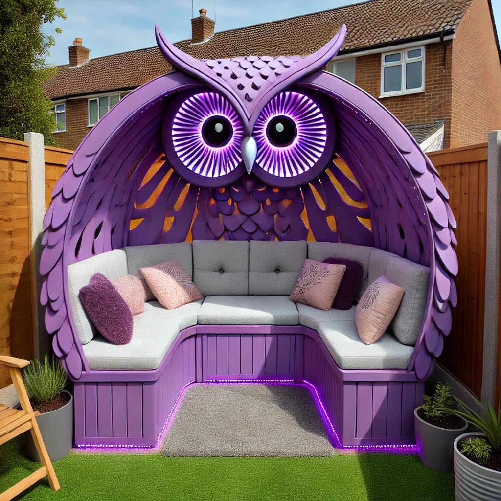 A rich purple owl-themed garden lounge with elegant design and soft cushions, offering a comfortable and enchanting outdoor space.