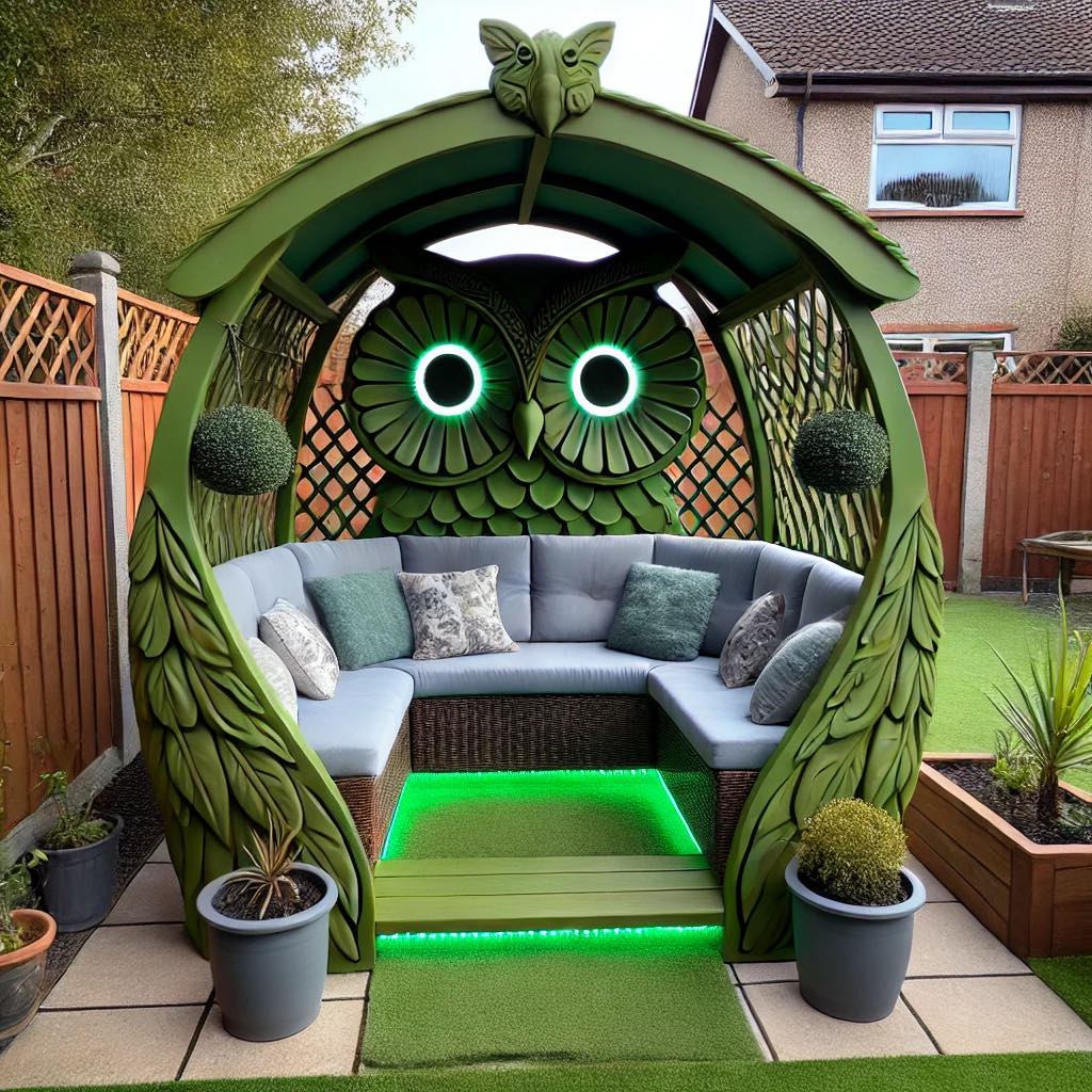 A green owl-themed garden lounge with leafy designs and illuminated features, blending seamlessly with the natural surroundings.