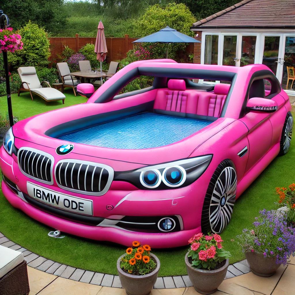 A vibrant pink BMW-shaped paddling pool with a stylish design.