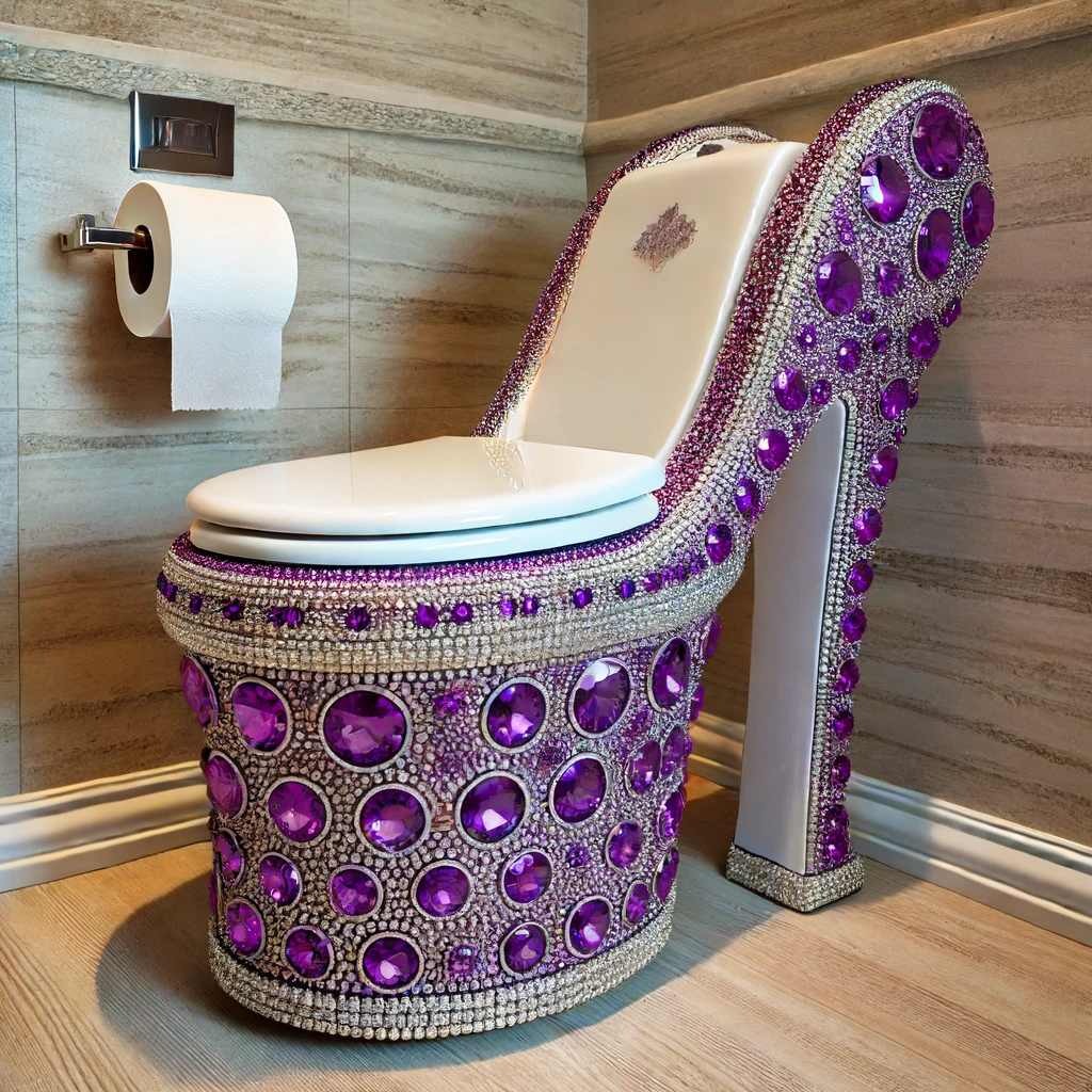 A luxurious purple high heel toilet with jewel accents in an elegant bathroom