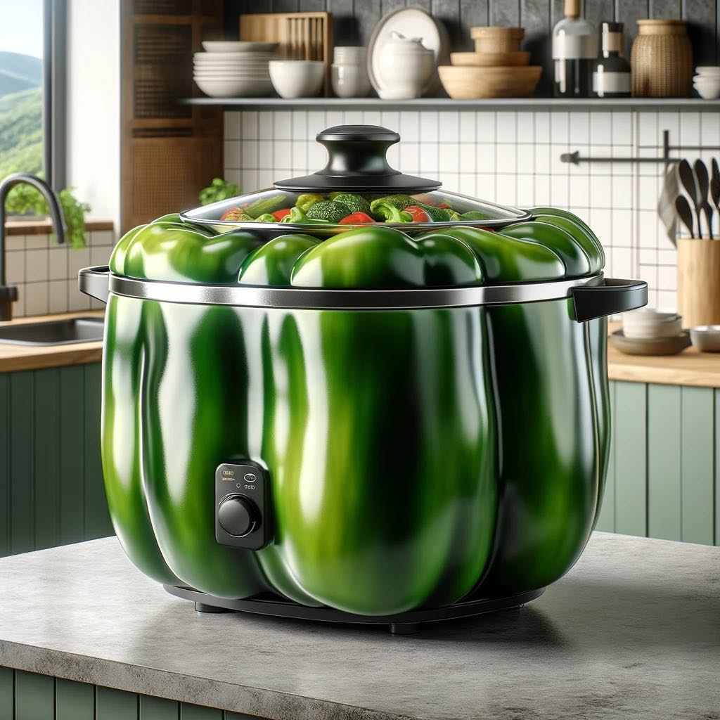 A green bell pepper-shaped slow cooker with a variety of vegetables in a contemporary kitchen