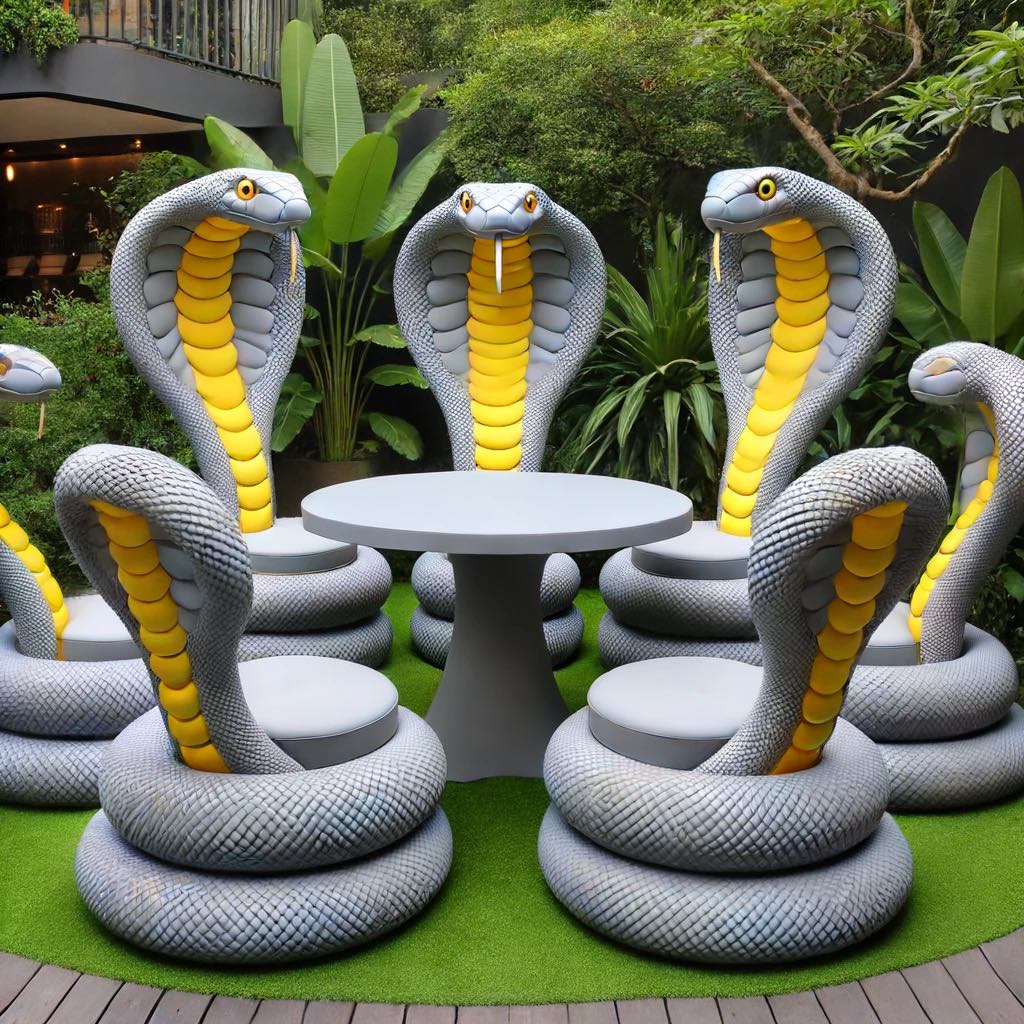 A collection of cobra-inspired garden furniture sets including grey, white and gold, black and purple, and teal and copper designs.