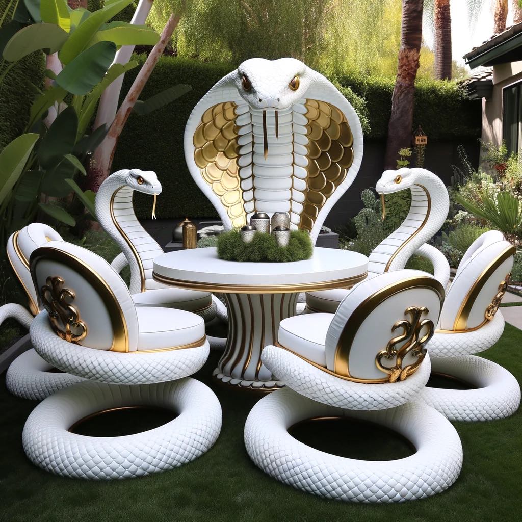 White cobra-inspired garden furniture set with gold detailing and a round table.