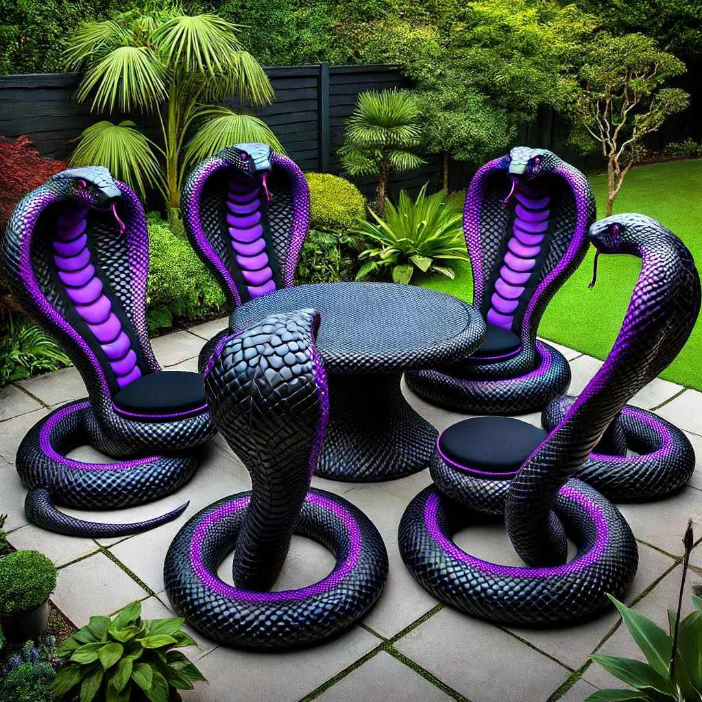 Black cobra-inspired garden furniture set with purple details and a matching table.