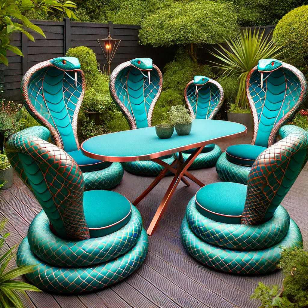 Teal cobra-inspired garden furniture set with copper accents and an oval table.