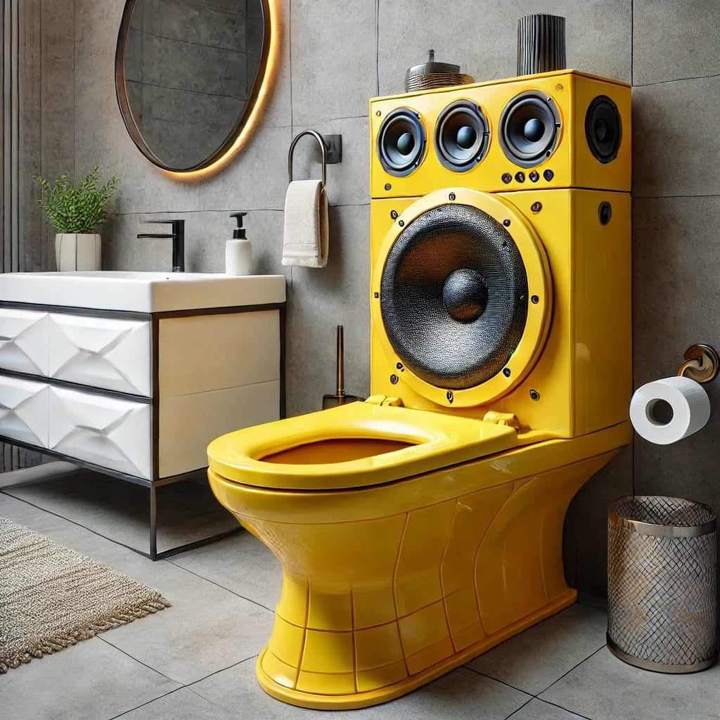 Cheerful yellow toilet with built-in speakers in a stylish bathroom