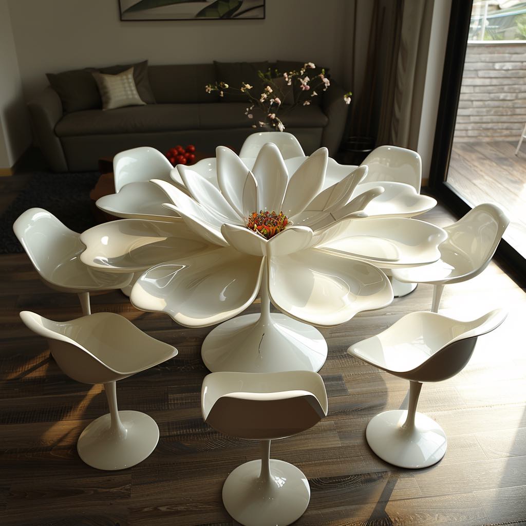 A dining table with white petal-like extensions and sleek, modern chairs.
