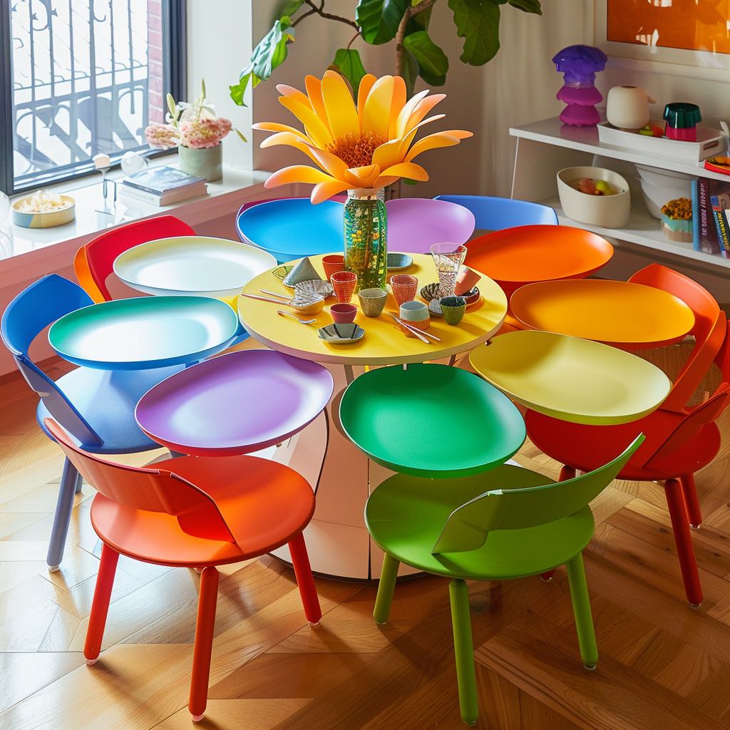  Colourful petal dining table with matching vibrant chairs.