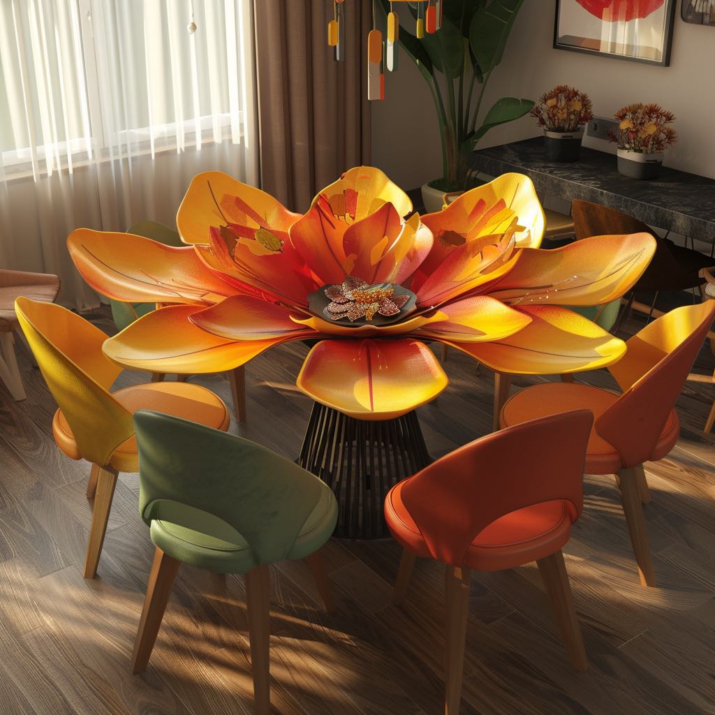  Dining table with orange and yellow petals and complementary chairs.