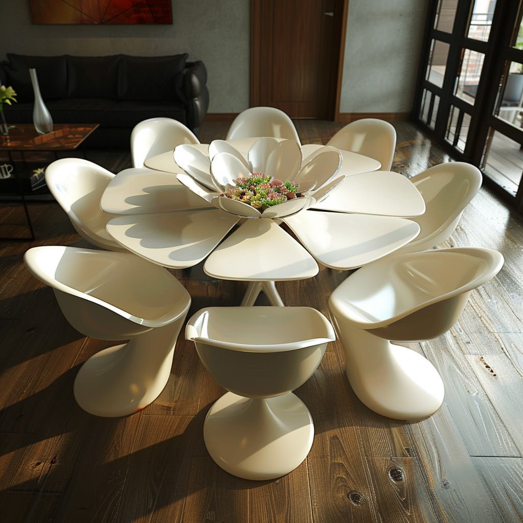 White petal dining table with sleek, modern chairs.