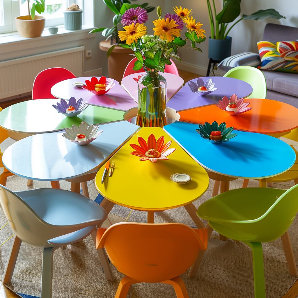 Dining table with bright, colourful petals and coordinated chairs.
