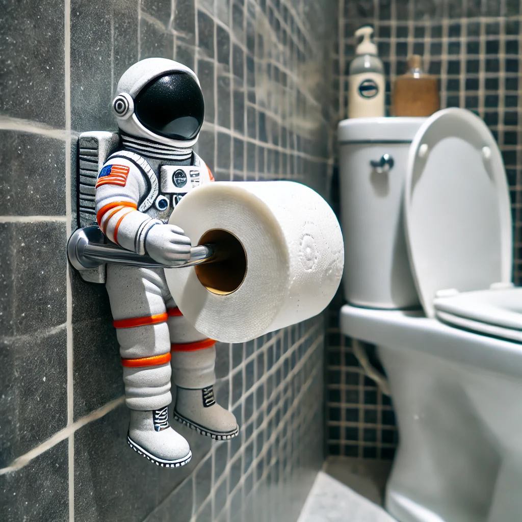 Astronaut-themed toilet roll holder adding a quirky touch to a bathroom.
