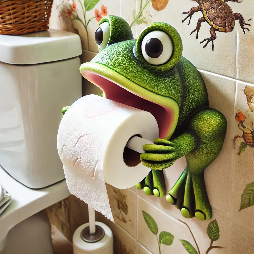 Frog-themed toilet roll holder bringing a playful touch to a bathroom.