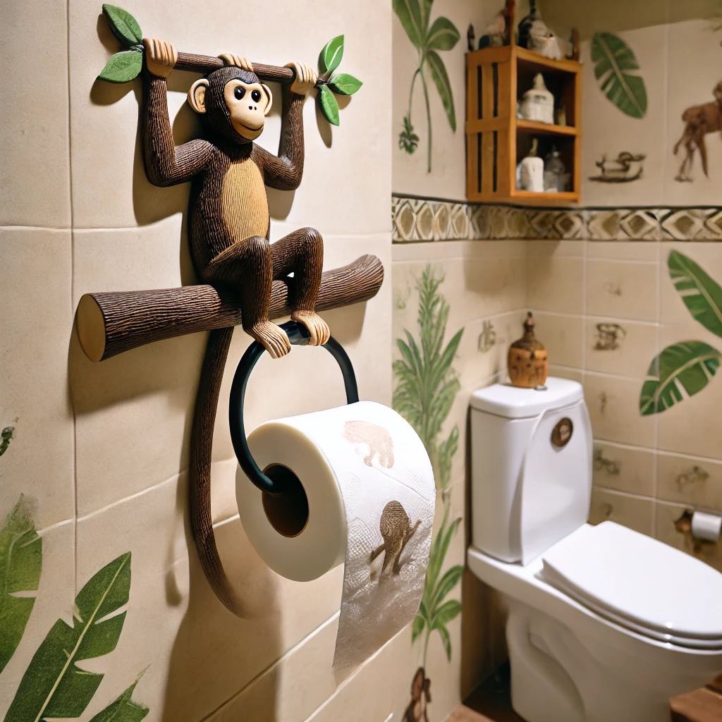 Monkey-themed toilet roll holder adding a whimsical touch to a bathroom.