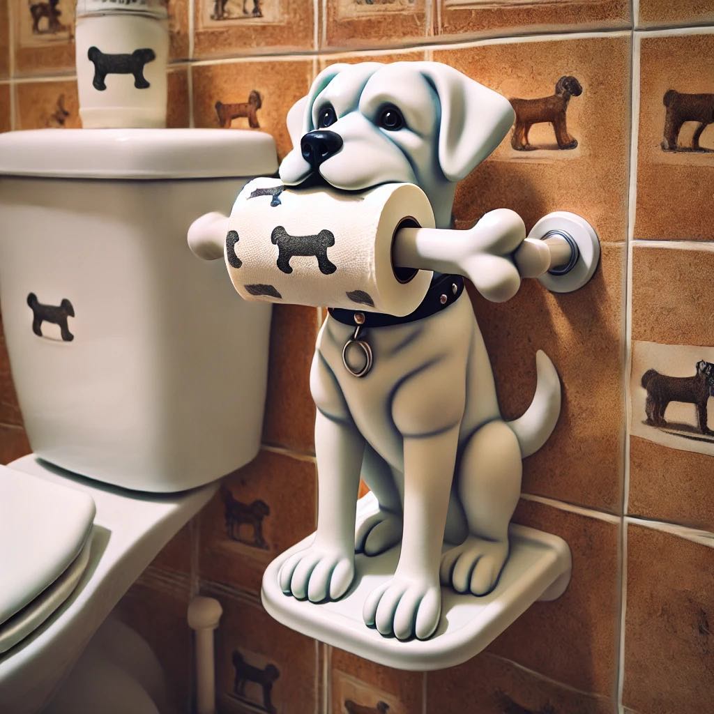 Dog-themed toilet roll holder with a bone design in a bathroom.