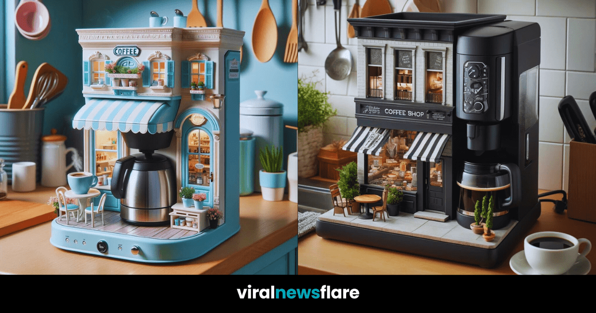 Various whimsical coffee makers designed to look like miniature coffee shops with charming details.