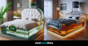 Collection of unique beds designed to look like liquor bottles, including tequila, rum, vodka, whiskey, and gin.
