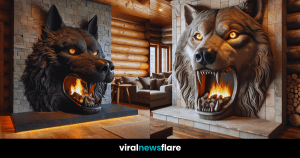 A collection of unique wolf-themed fireplaces including Ferocious Flame, Majestic Howl, and Arctic Guardian designs.