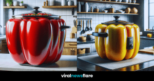 Collection of yellow, red, and green bell pepper-shaped slow cookers in a modern kitchen