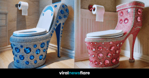 A collection of high heel shoe toilets in various colours and designs in luxurious bathroom settings