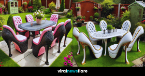 Collection of high heel shoe chairs in various colours and designs in a beautifully landscaped garden