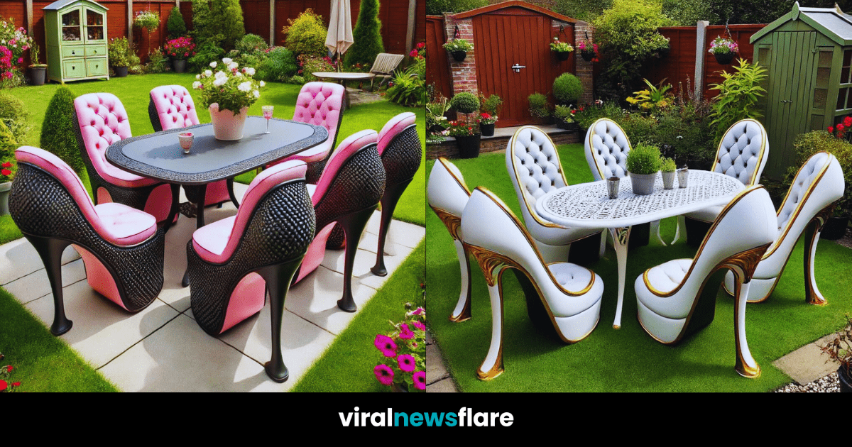 Collection of high heel shoe chairs in various colours and designs in a beautifully landscaped garden